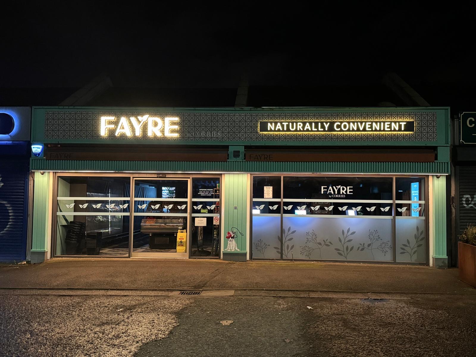 Creative signage of Fayre by Corries